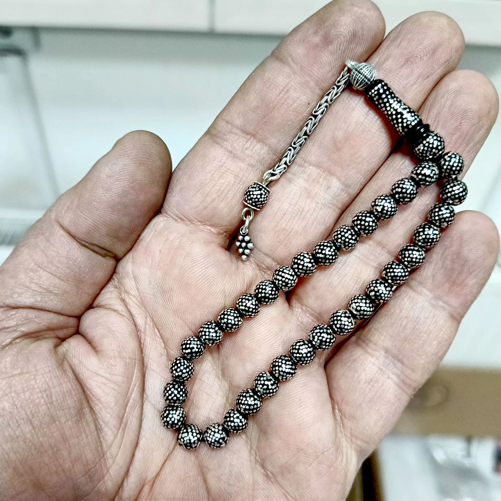 Mini Press Oltu Stone Tasbih with Silver Inlay, 6mm