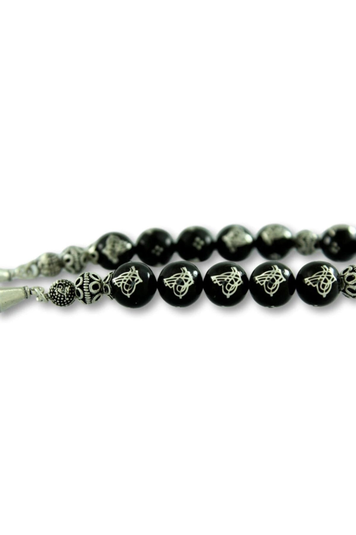 Erzurum Oltu Stone Zaza Tasbih with Tughra Pattern Sterling Silver Inlay, 9mm
