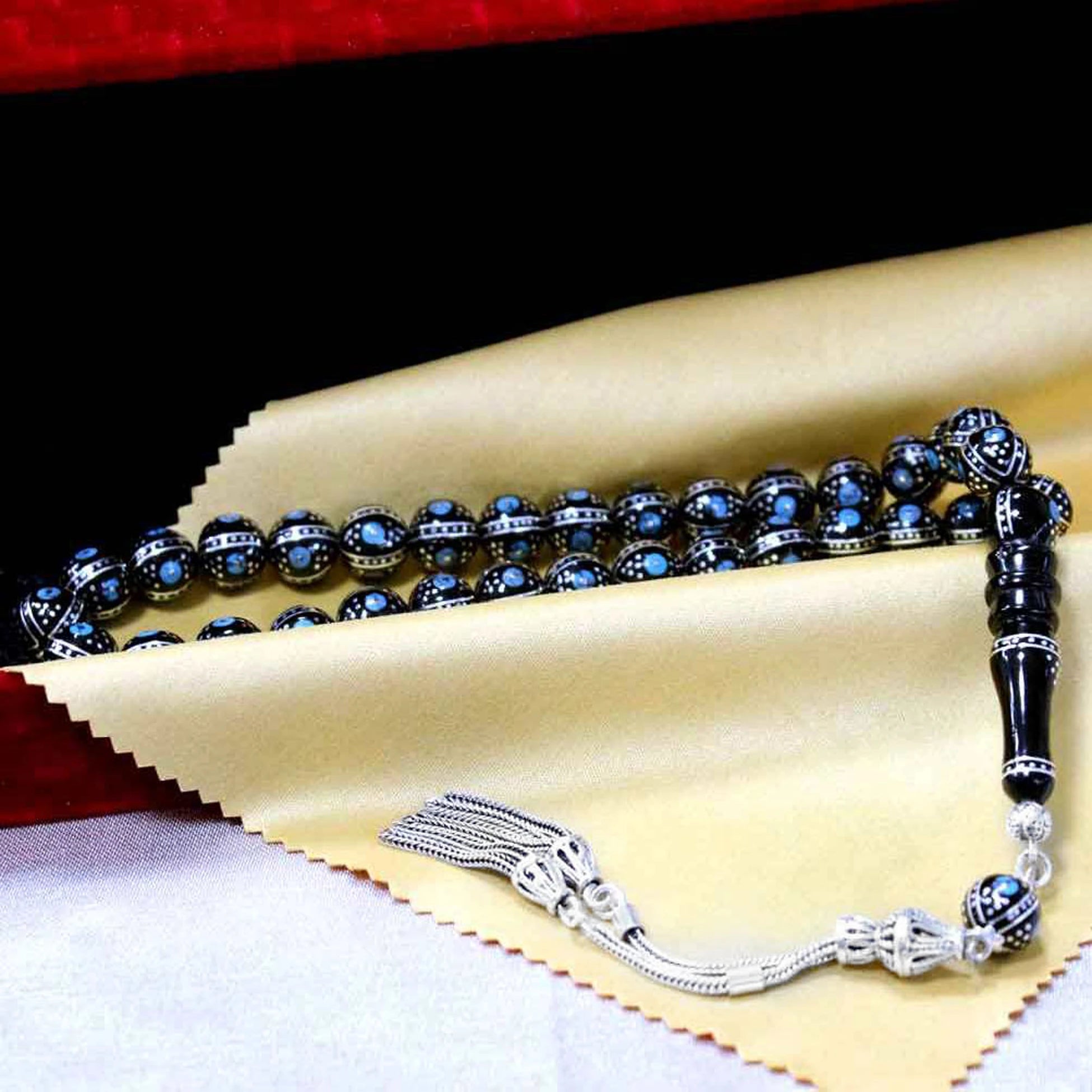 Certified Erzurum Oltu Stone Tasbih with Turquoise & Silver Melon-Slice Inlay, 9mm