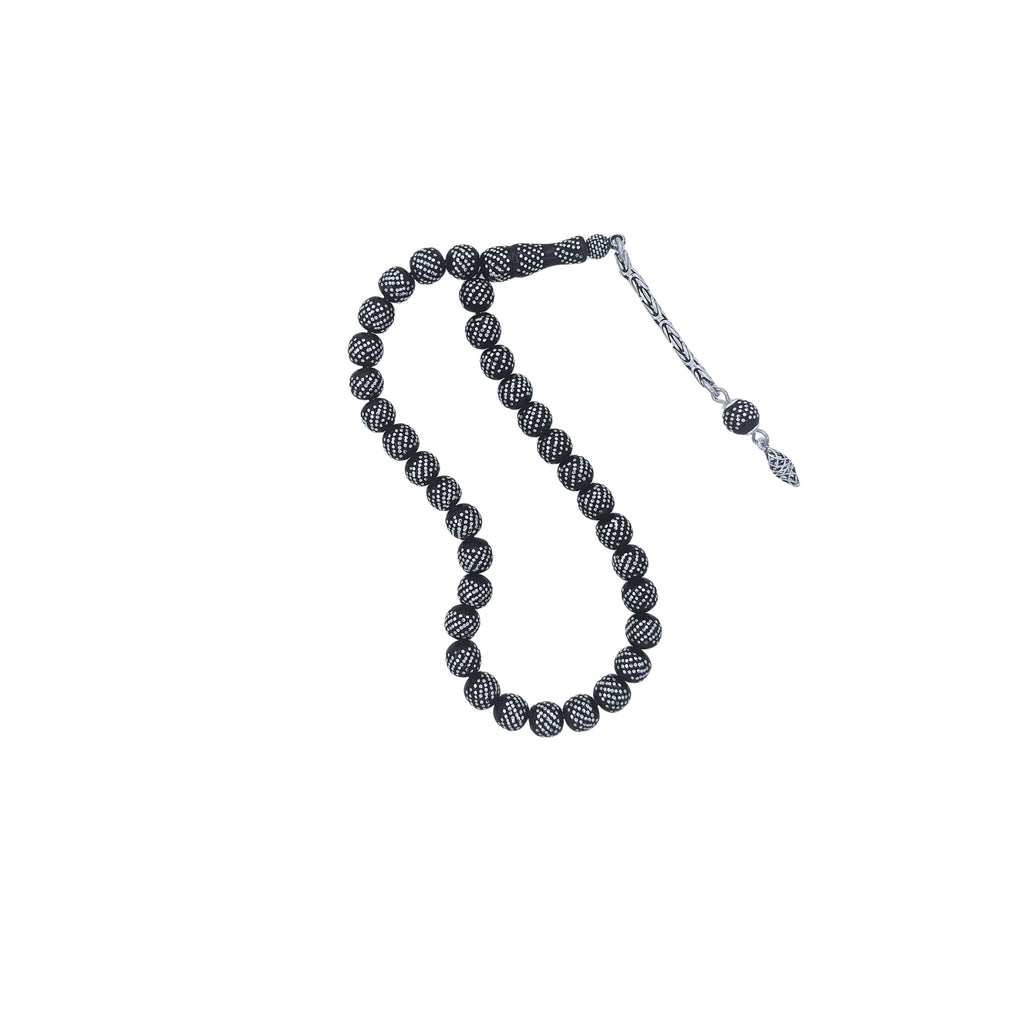 Mini Press Oltu Stone Tasbih with Heavy Silver Inlay, 7mm