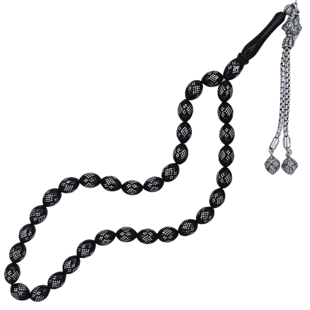 Erzurum Oltu Stone Tasbih with Sterling Silver Inlay & Silver Tassel, 8x11mm