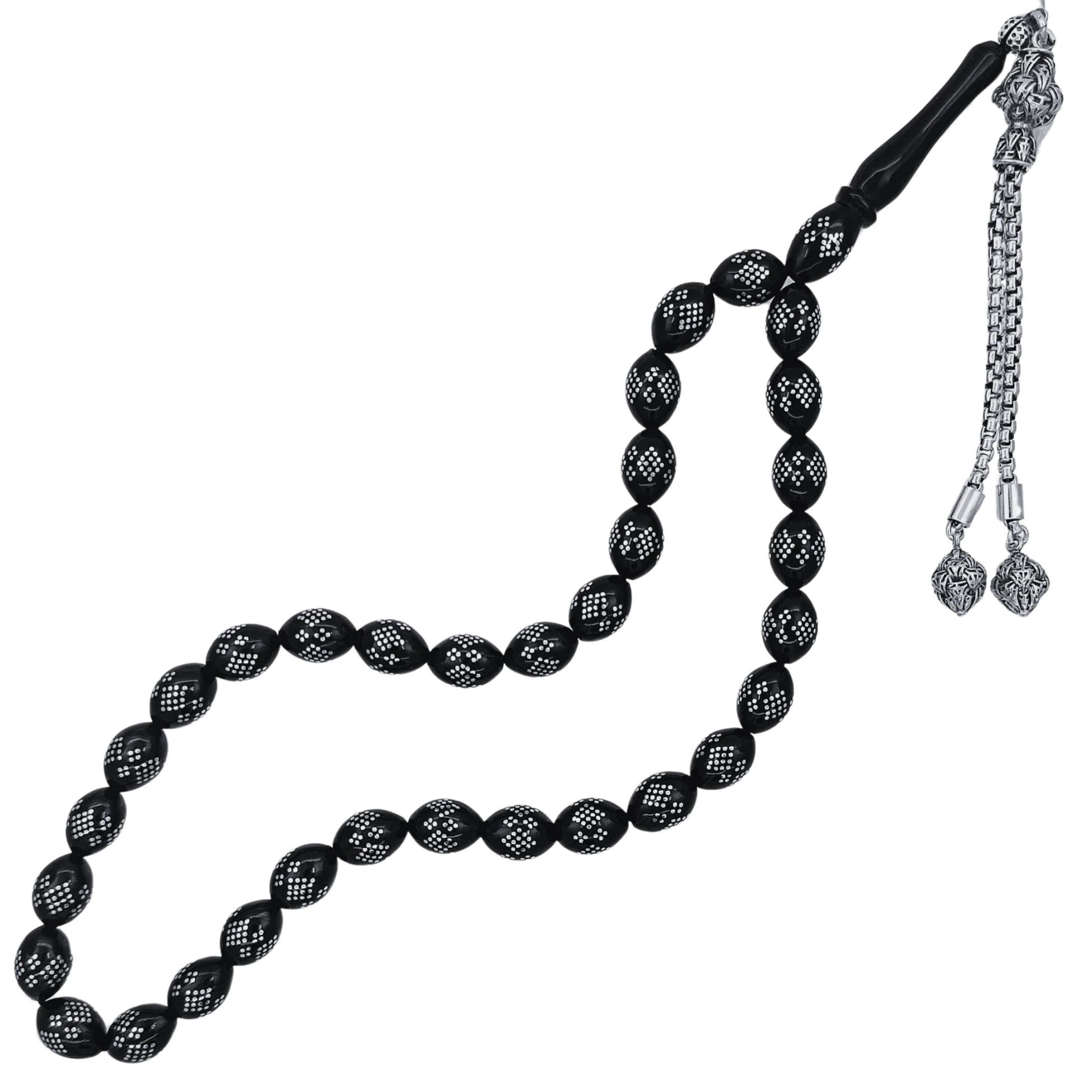 Erzurum Oltu Stone Tasbih with Sterling Silver Inlay & Silver Tassel, 8x11mm