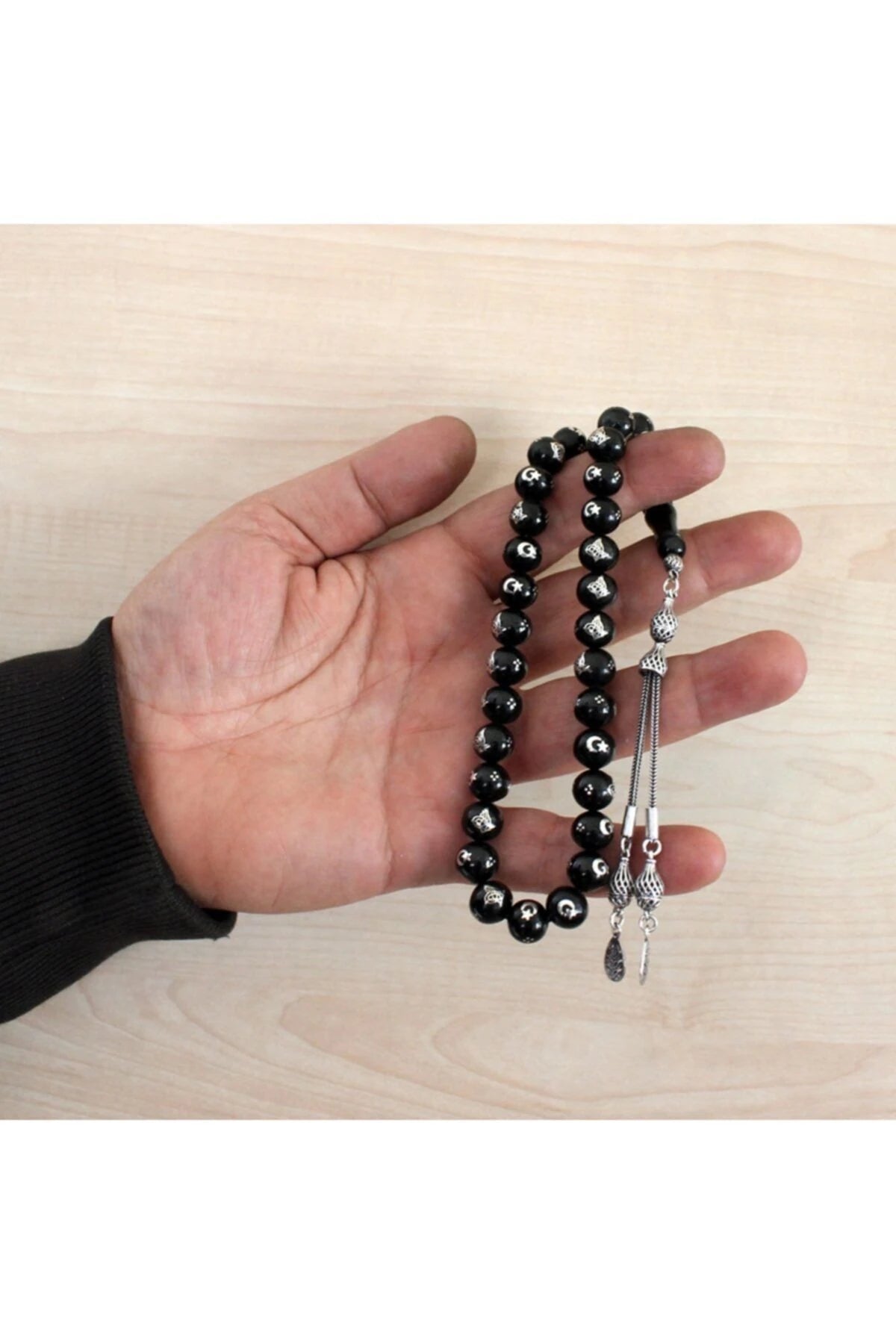 Certified Erzurum Oltu Stone Tasbih with Tughra & Star-and-Crescent Silver Inlay