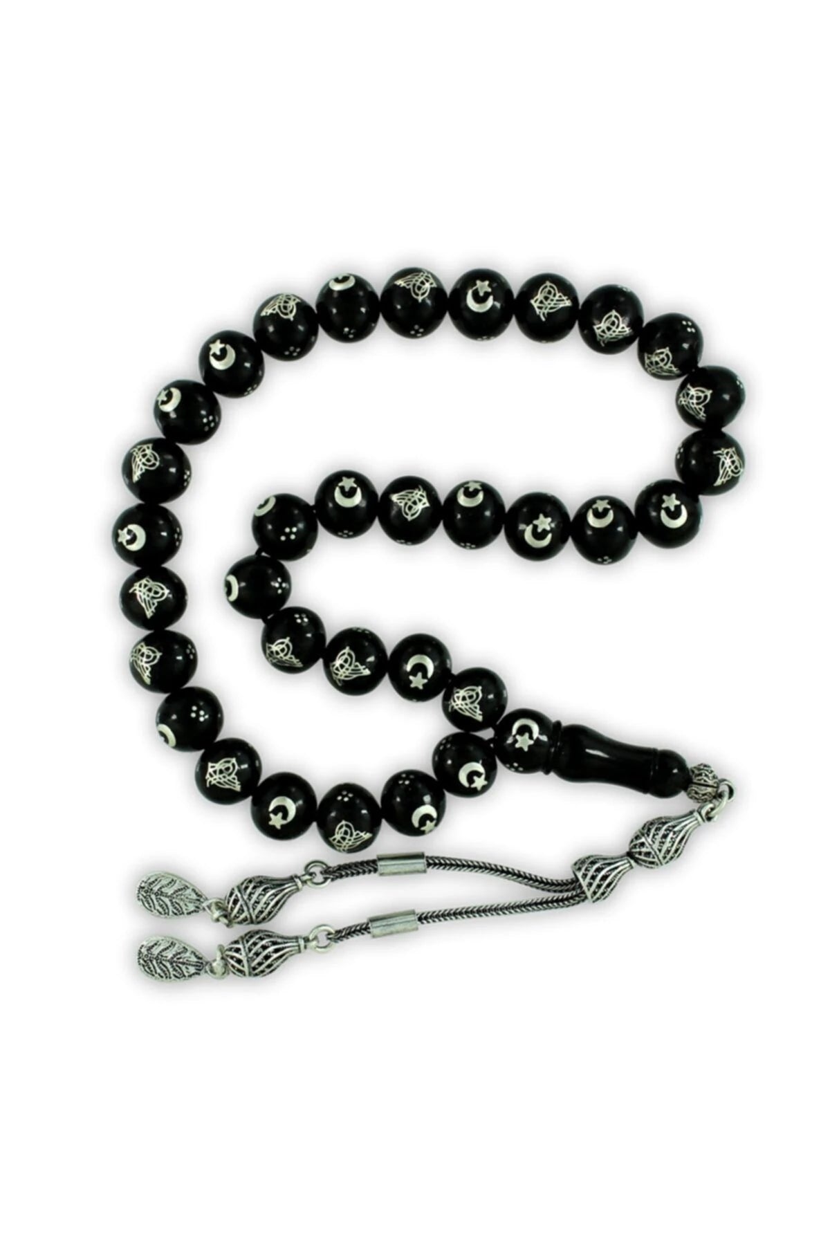 Certified Erzurum Oltu Stone Tasbih with Tughra & Star-and-Crescent Silver Inlay