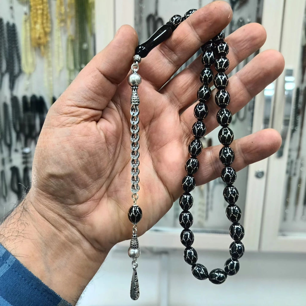Honeycomb Sterling Silver Inlay Tasbih, Certified Erzurum Oltu Stone, 9x12mm