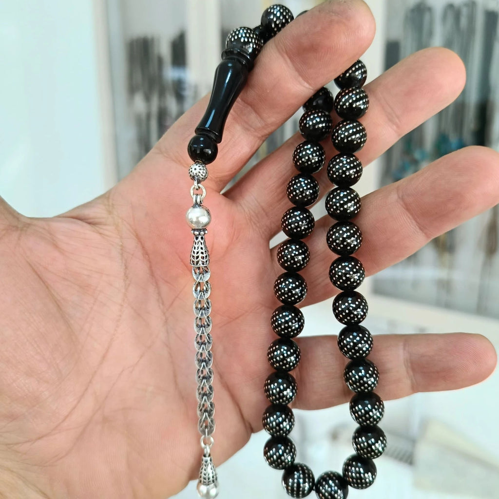 Certified Erzurum Oltu Stone Tasbih with Dense Twist-Pattern Silver Inlay, 10mm