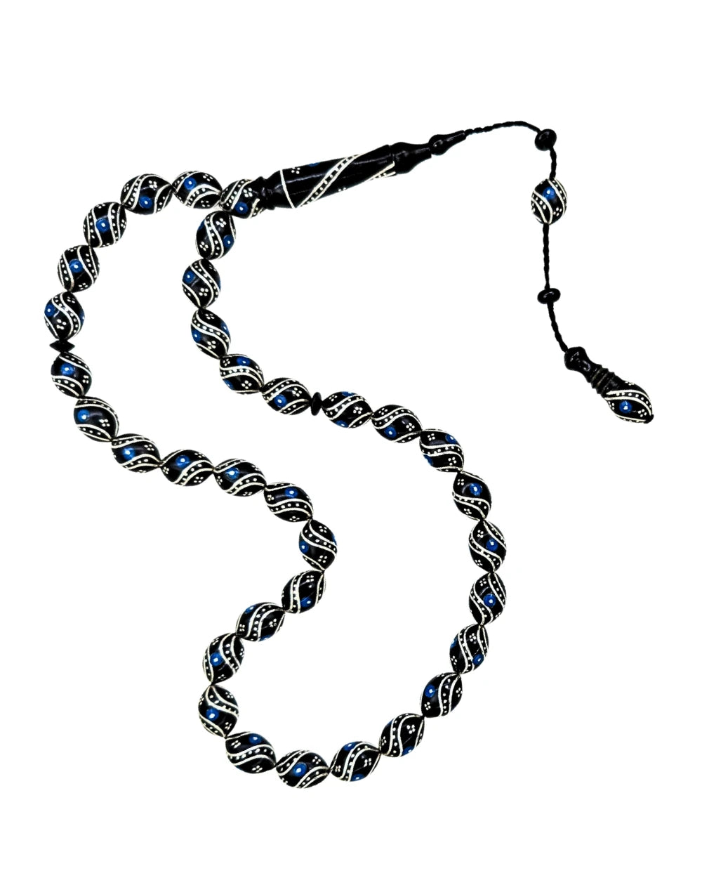 Barley-Cut Certified Erzurum Oltu Stone Tasbih with Turquoise & Silver Inlay, 8x12mm