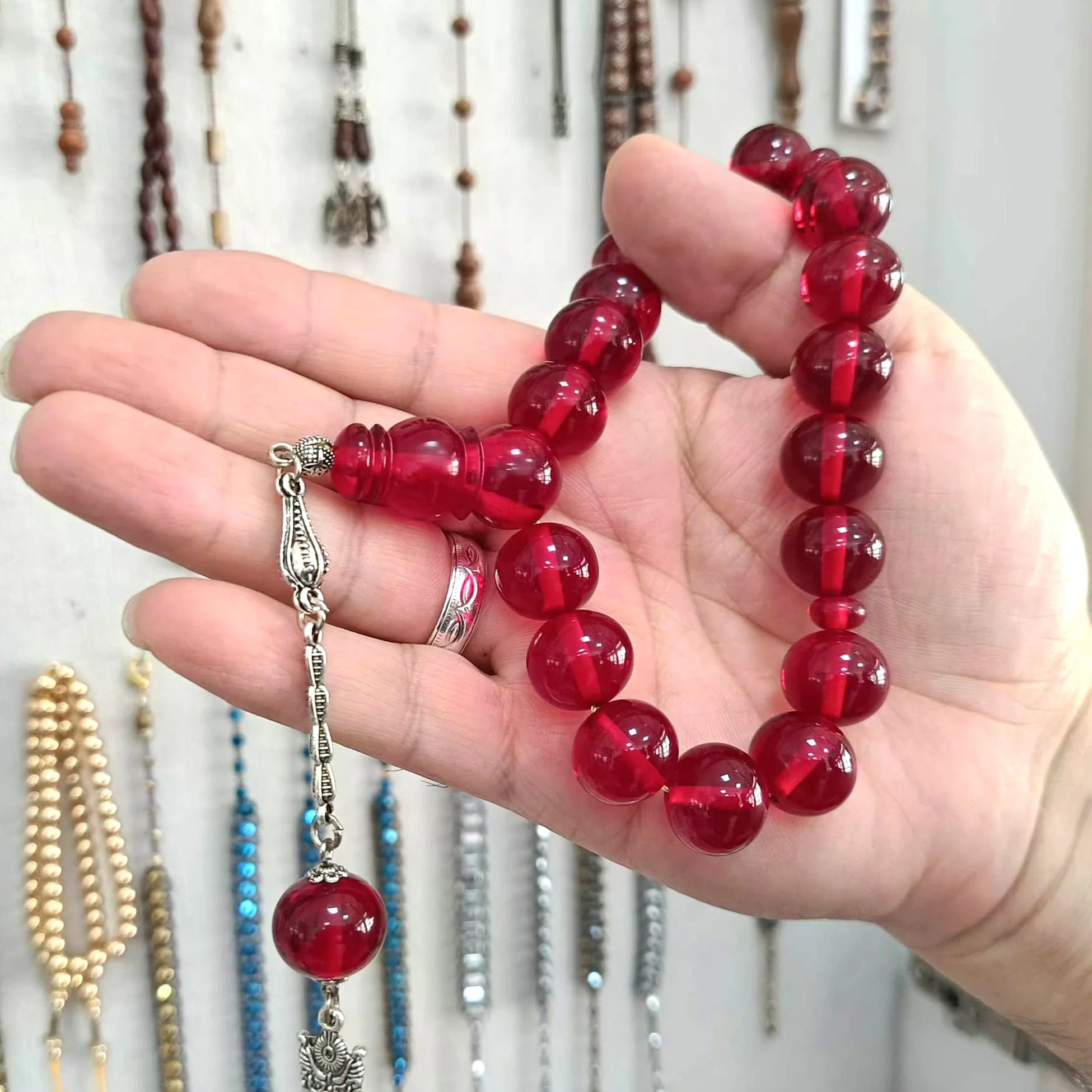 Pressed Amber Efe Tasbih, Red, 15mm