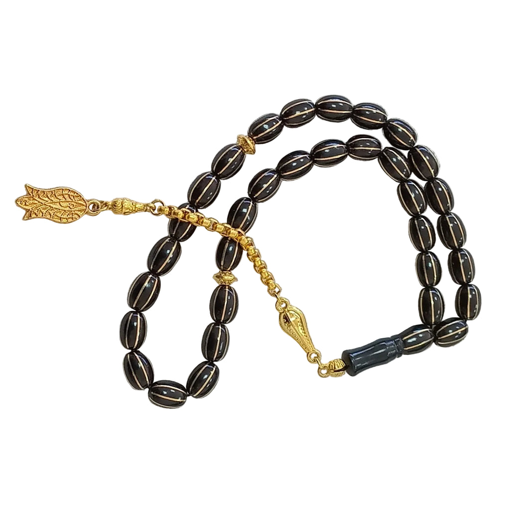 Oval-Cut Press Oltu Stone Tasbih with Brass Melon-Slice Inlay, 7.5x10.5mm