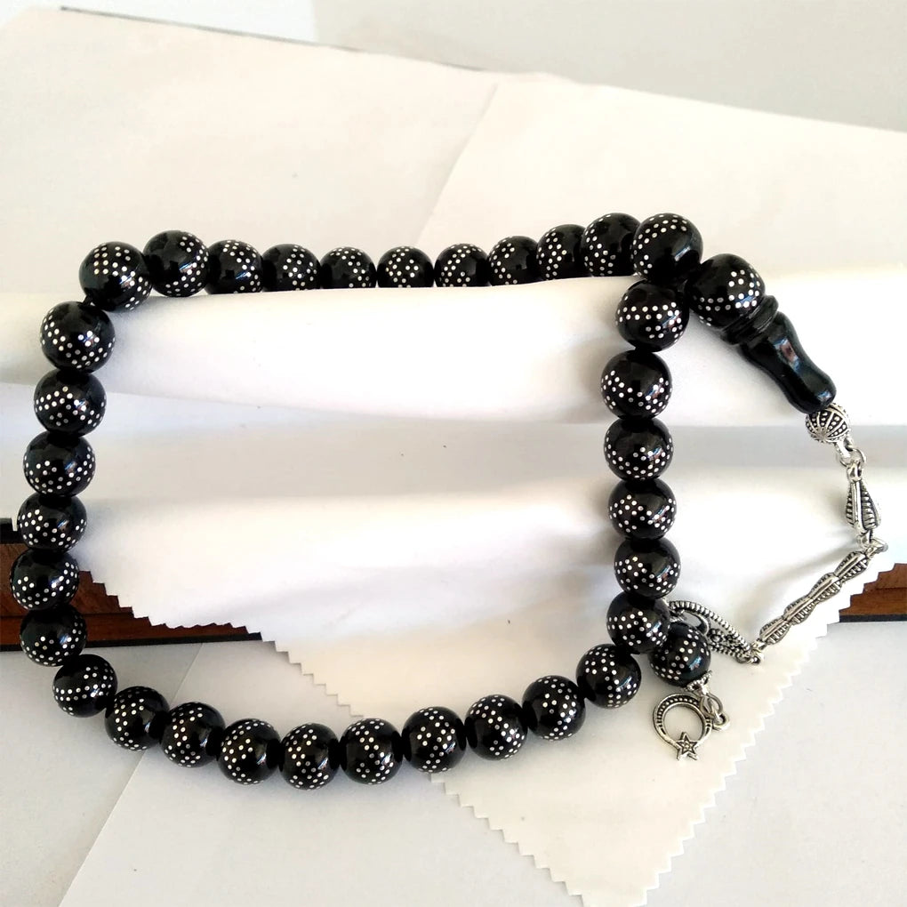 Press Oltu Stone Tasbih with Heavy Silver Inlay, Tarnish-Resistant Tassel, 10mm