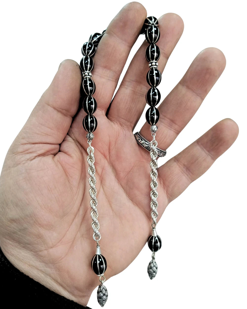 Certified Erzurum Oltu Stone Zaza Tasbih with Silver Melon-Slice Pattern, 36cm
