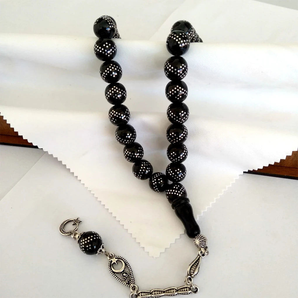 Press Oltu Stone Tasbih with Heavy Silver Inlay, Tarnish-Resistant Tassel, 10mm