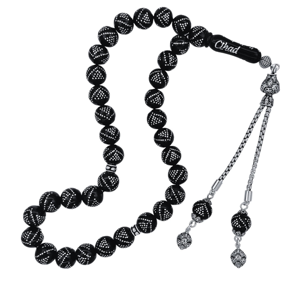 Certified Erzurum Oltu Stone Tasbih with Heavy Silver Inlay & Silver Tassel, 10mm