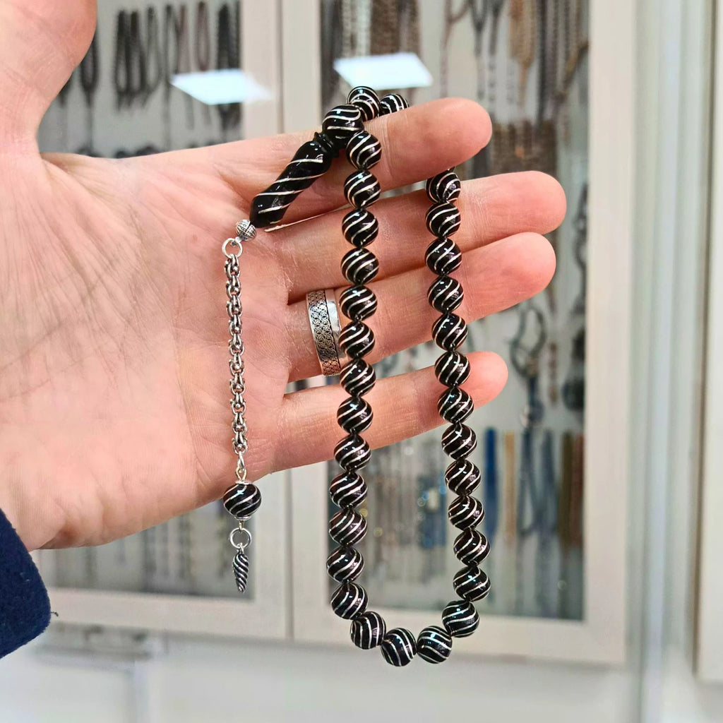 Round-Cut Certified Erzurum Oltu Stone Tasbih with Silver Cesmi Bulbul Inlay, 8.5mm