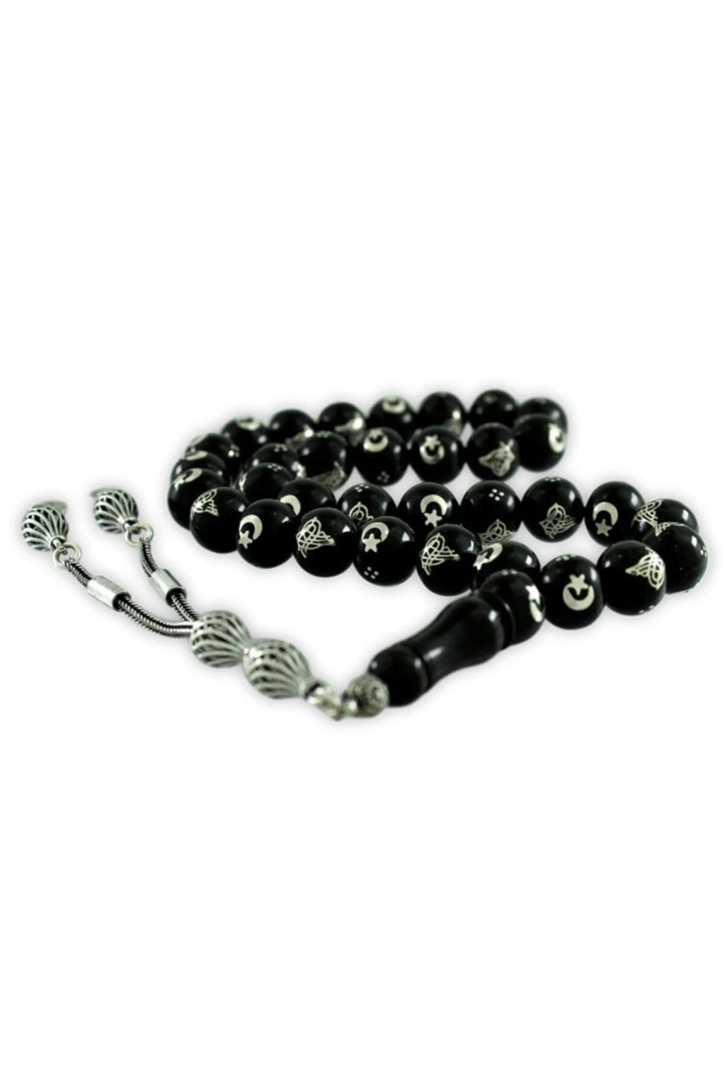 Certified Erzurum Oltu Stone Tasbih with Tughra & Star-and-Crescent Silver Inlay