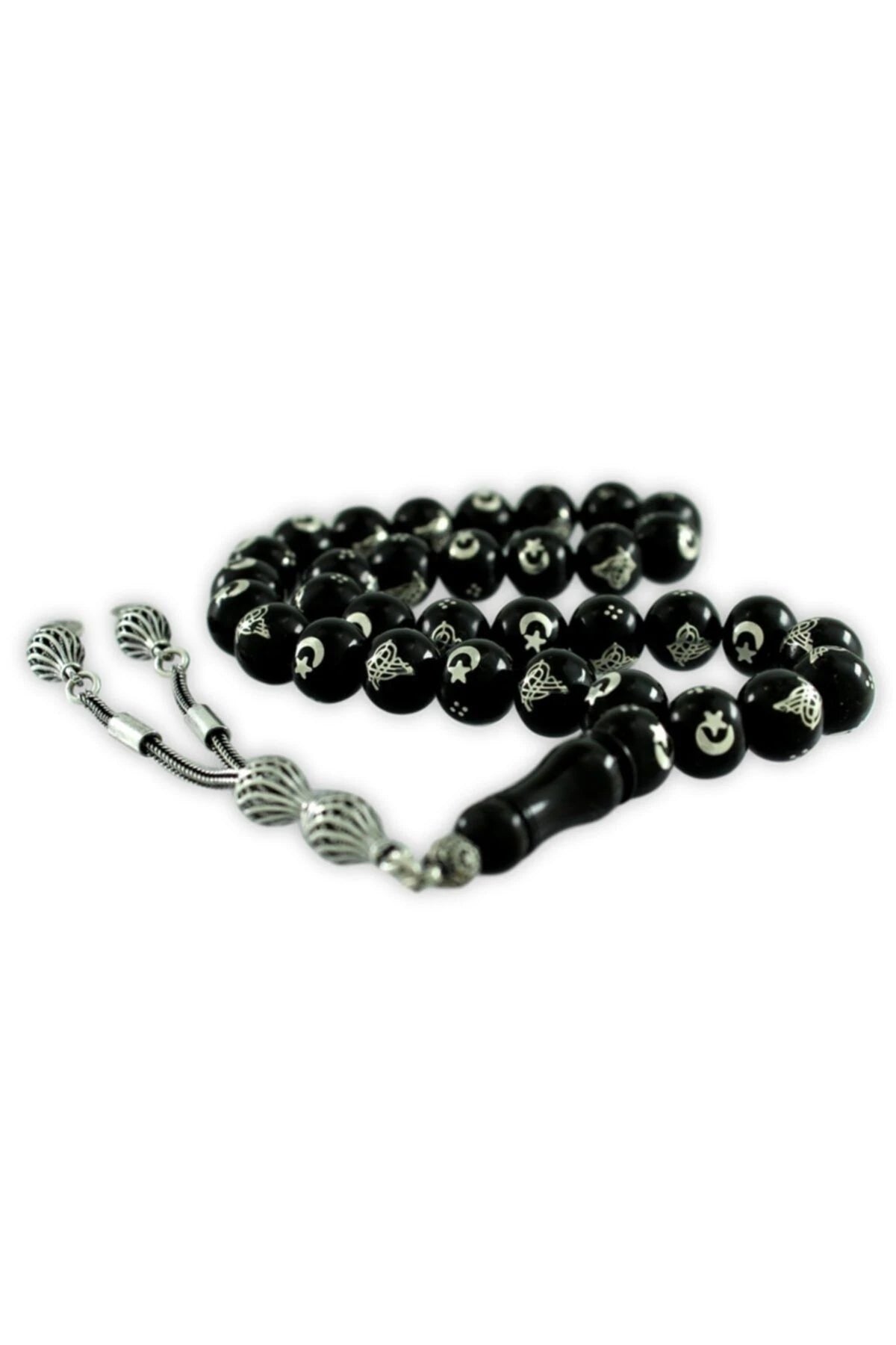 Certified Erzurum Oltu Stone Tasbih with Tughra & Star-and-Crescent Silver Inlay
