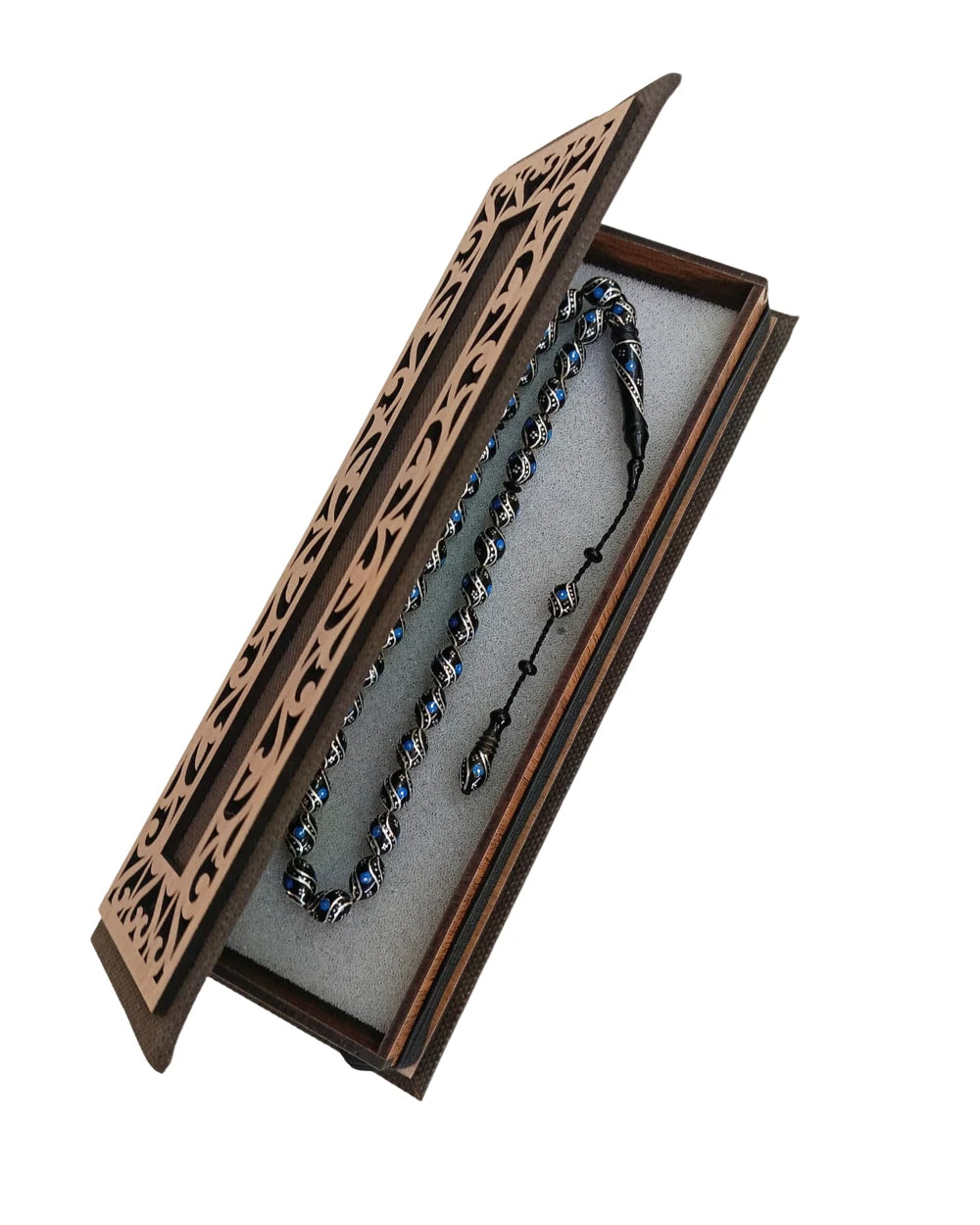 Barley-Cut Certified Erzurum Oltu Stone Tasbih with Turquoise & Silver Inlay, 8x12mm