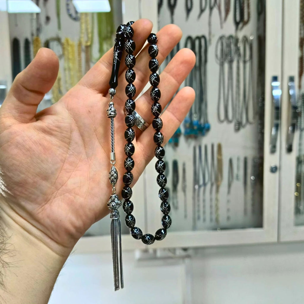 Spiderweb Sterling Silver Inlay Tasbih, Erzurum Oltu Stone, 7.5x10.5mm