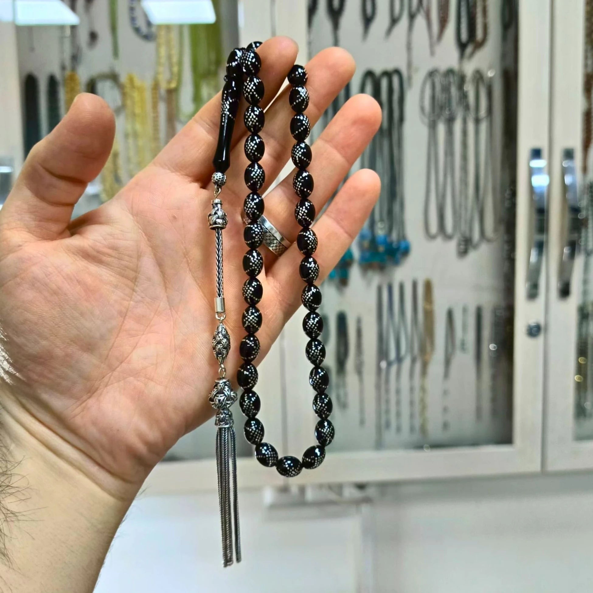 Spiderweb Sterling Silver Inlay Tasbih, Erzurum Oltu Stone, 7.5x10.5mm
