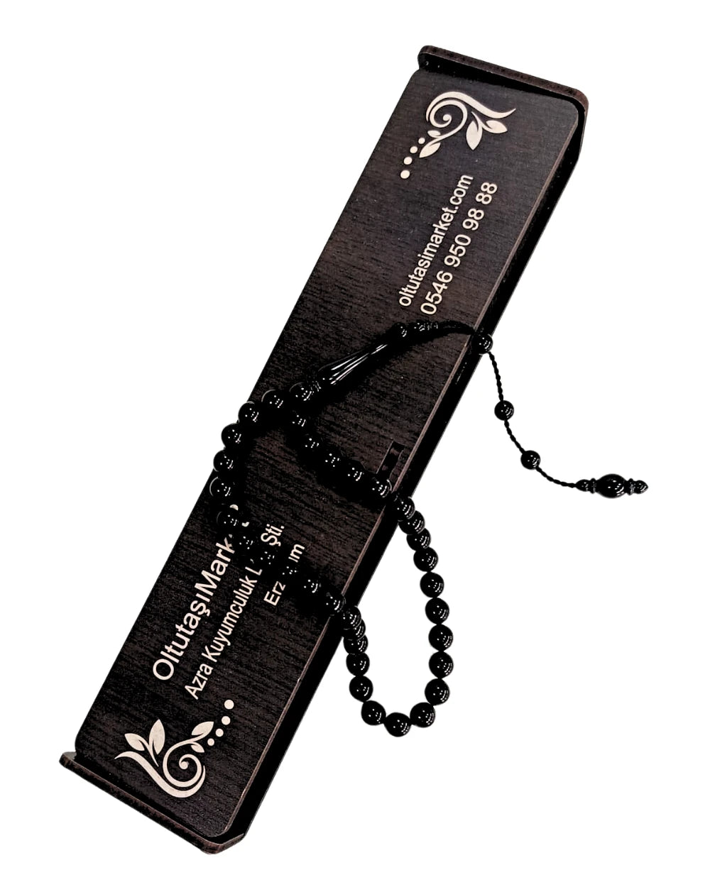 Wrist-Length Certified Erzurum Oltu Stone Tasbih with Turquoise & Silver Inlay, 7mm