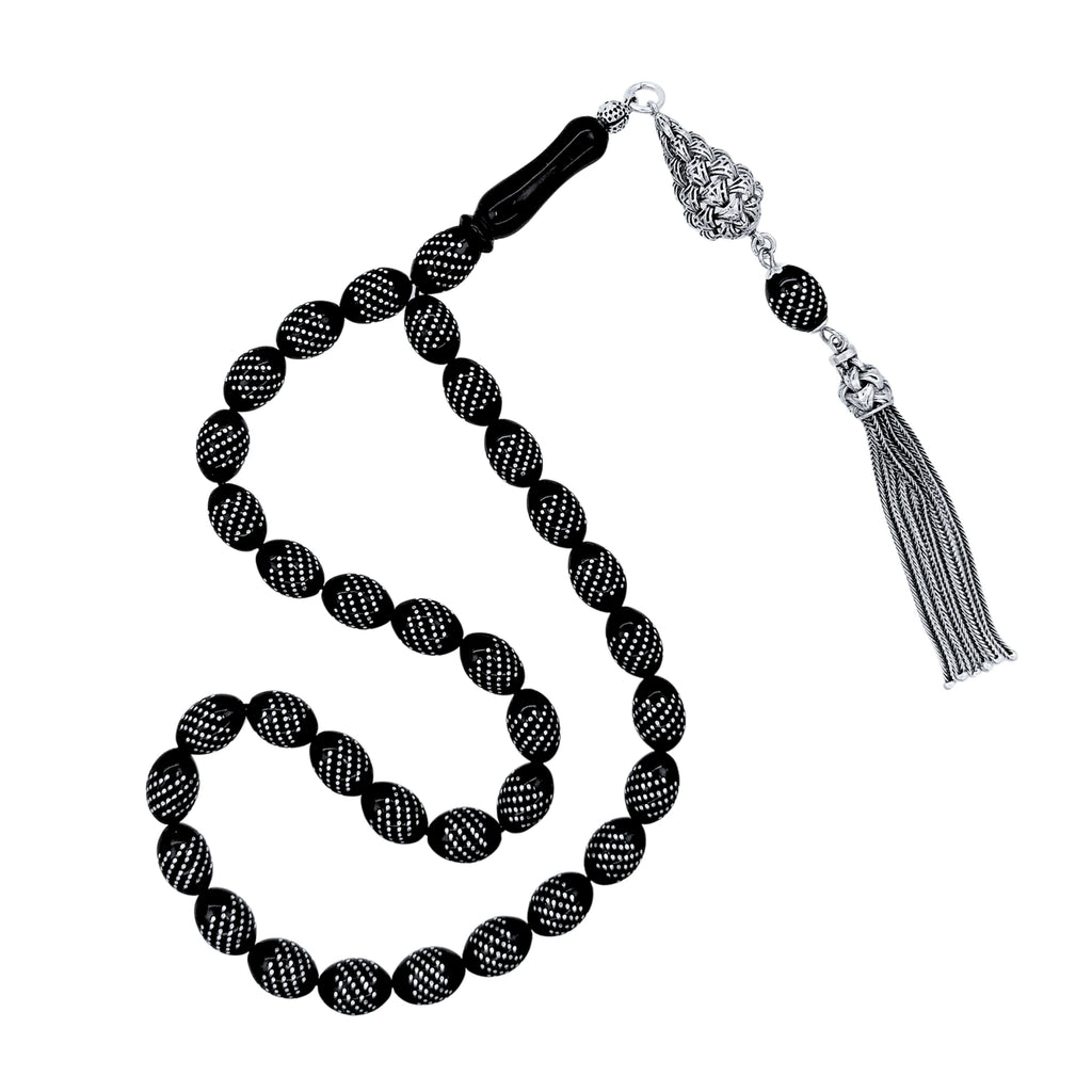 Oval-Cut Certified Erzurum Oltu Stone Tasbih with Dense Twist-Pattern Silver Inlay, 8x11mm