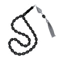 Oval-Cut Certified Erzurum Oltu Stone Tasbih with Dense Twist-Pattern Silver Inlay, 8x11mm