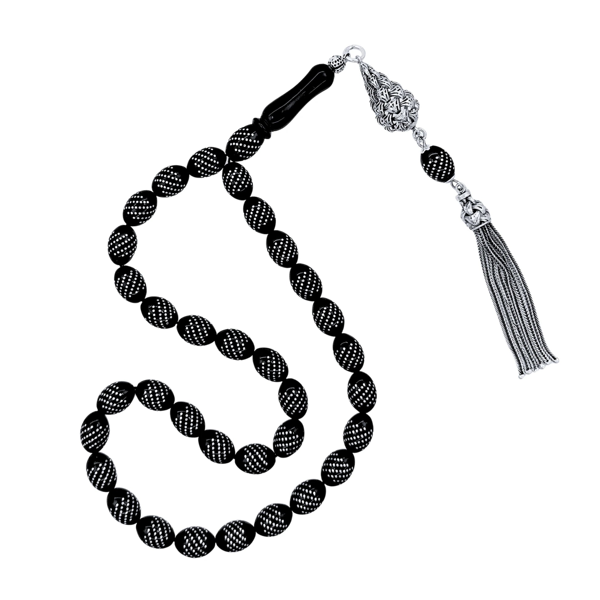 Oval-Cut Certified Erzurum Oltu Stone Tasbih with Dense Twist-Pattern Silver Inlay, 8x11mm