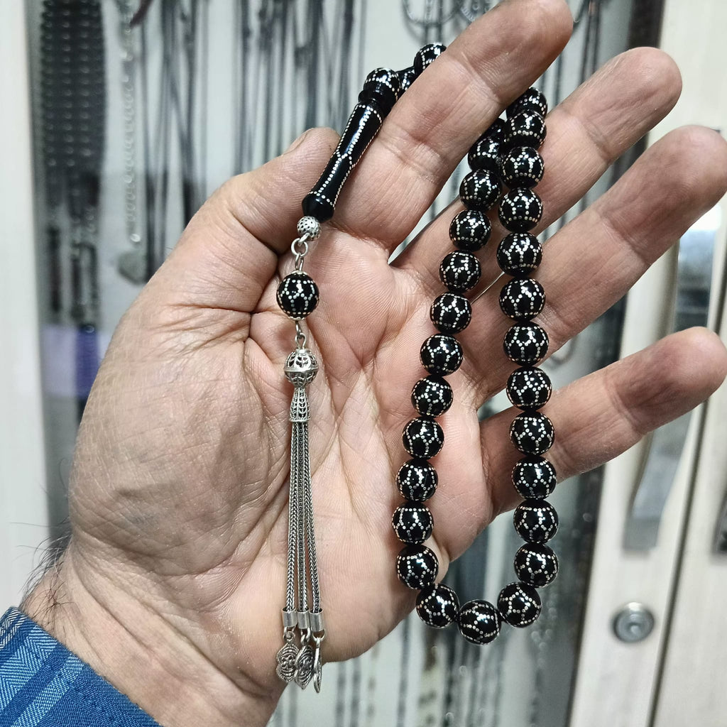 Certified Erzurum Oltu Stone Tasbih with Football/Honeycomb Silver Pattern, 10mm