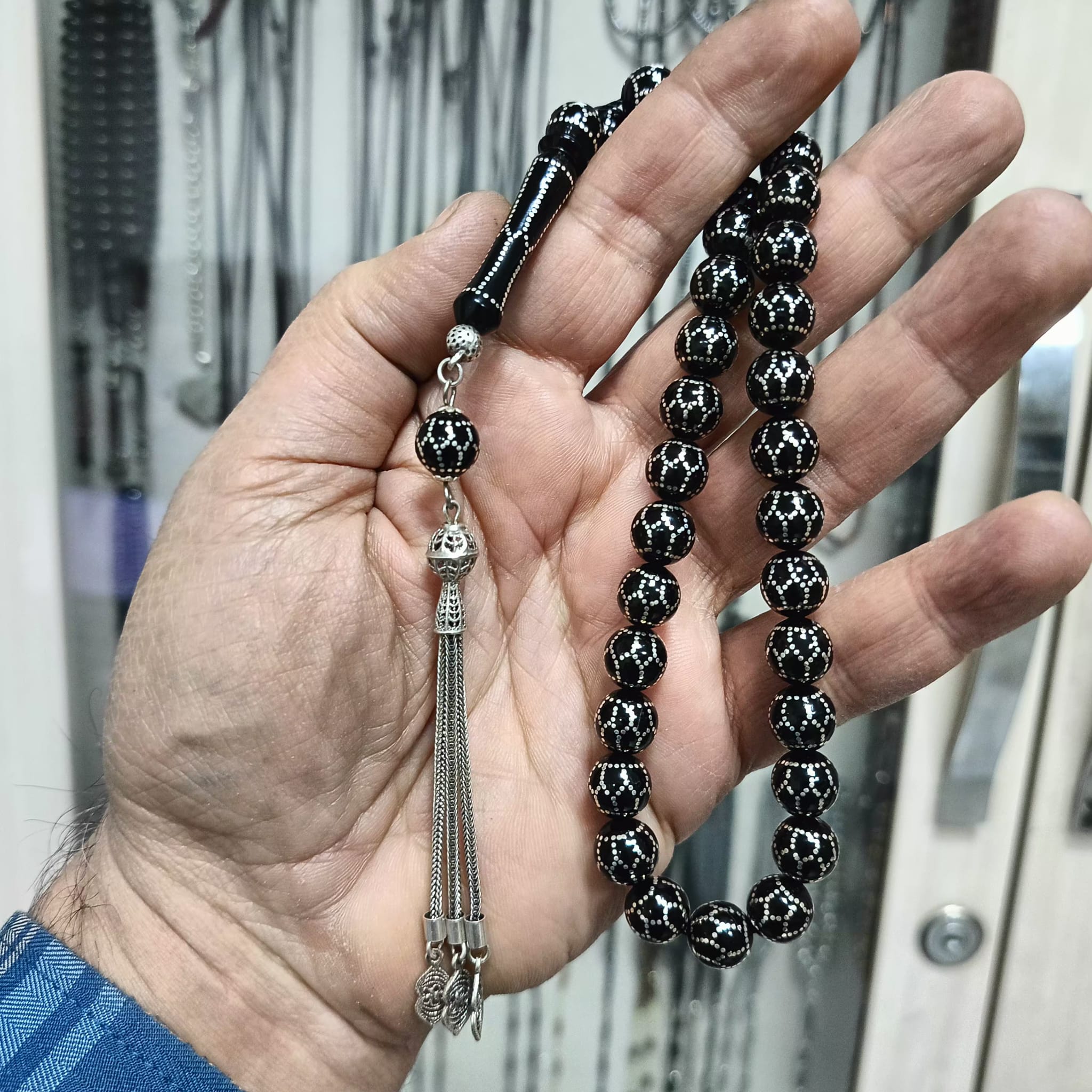Certified Erzurum Oltu Stone Tasbih with Football/Honeycomb Silver Pattern, 10mm