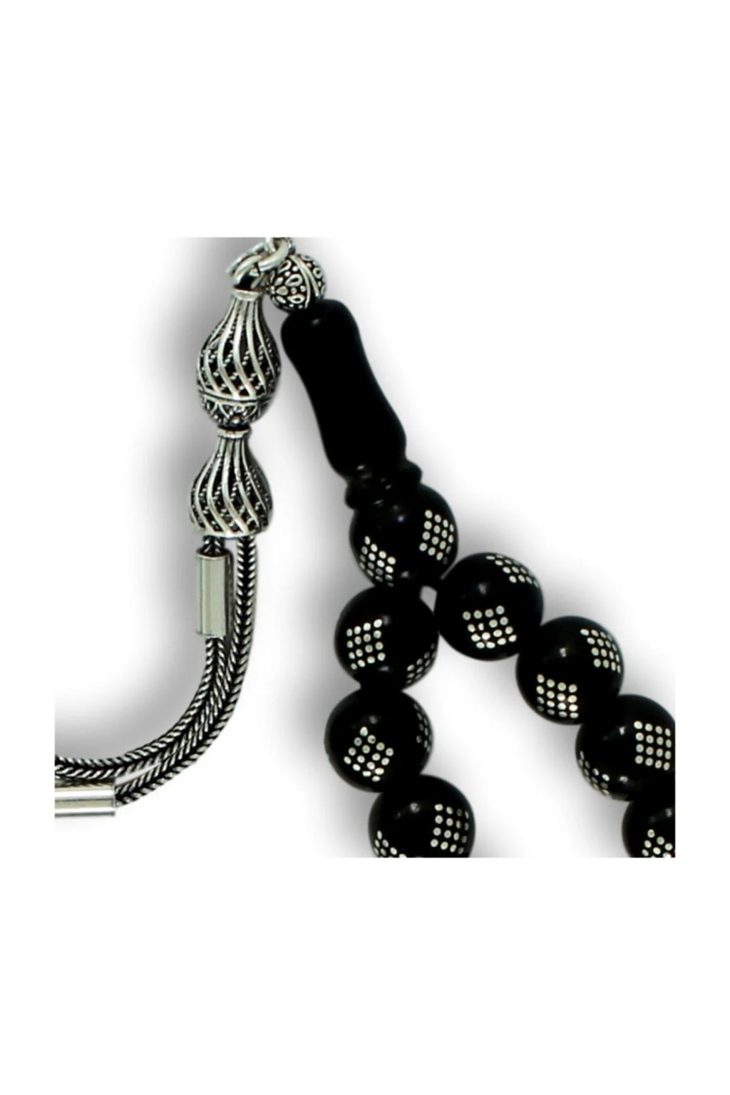 Press Oltu Stone Tasbih with Baklava-Pattern Silver Inlay, 9mm