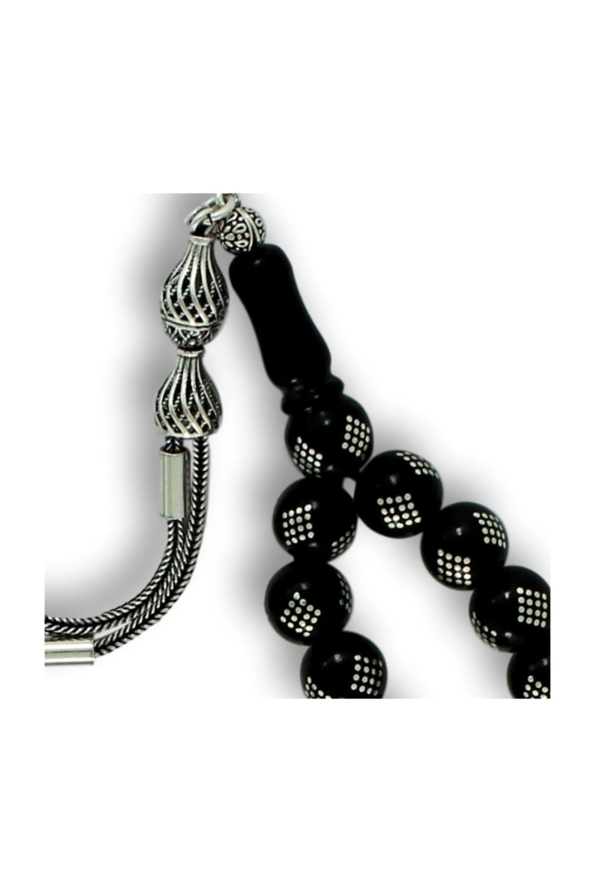 Press Oltu Stone Tasbih with Baklava-Pattern Silver Inlay, 9mm