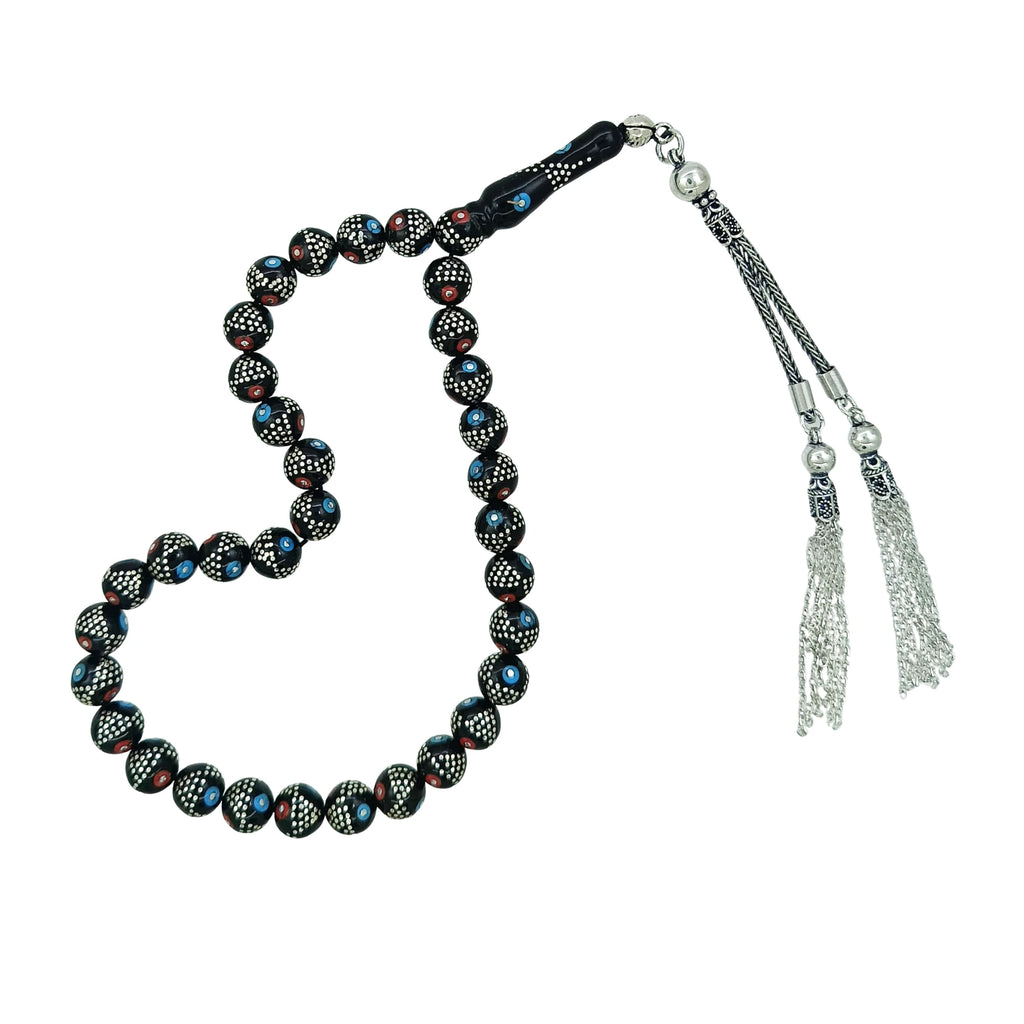 Wrist-Length Certified Erzurum Oltu Stone Tasbih with Turquoise, Coral & Silver Inlay, 8mm