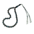 Wrist-Length Certified Erzurum Oltu Stone Tasbih with Turquoise, Coral & Silver Inlay, 8mm