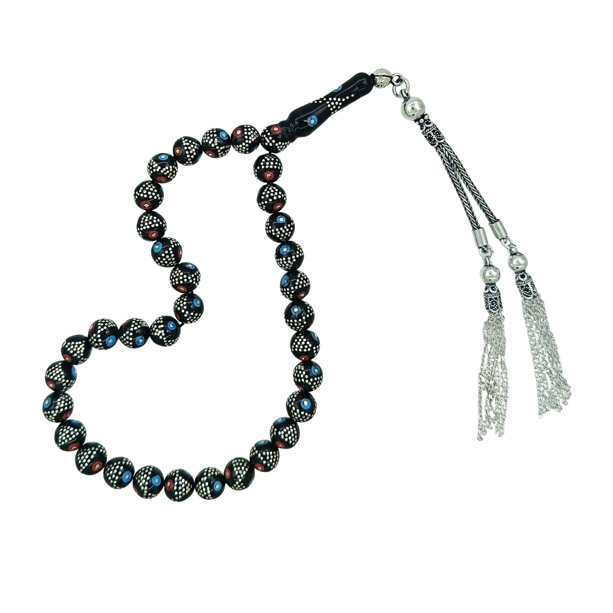 Wrist-Length Certified Erzurum Oltu Stone Tasbih with Turquoise, Coral & Silver Inlay, 8mm
