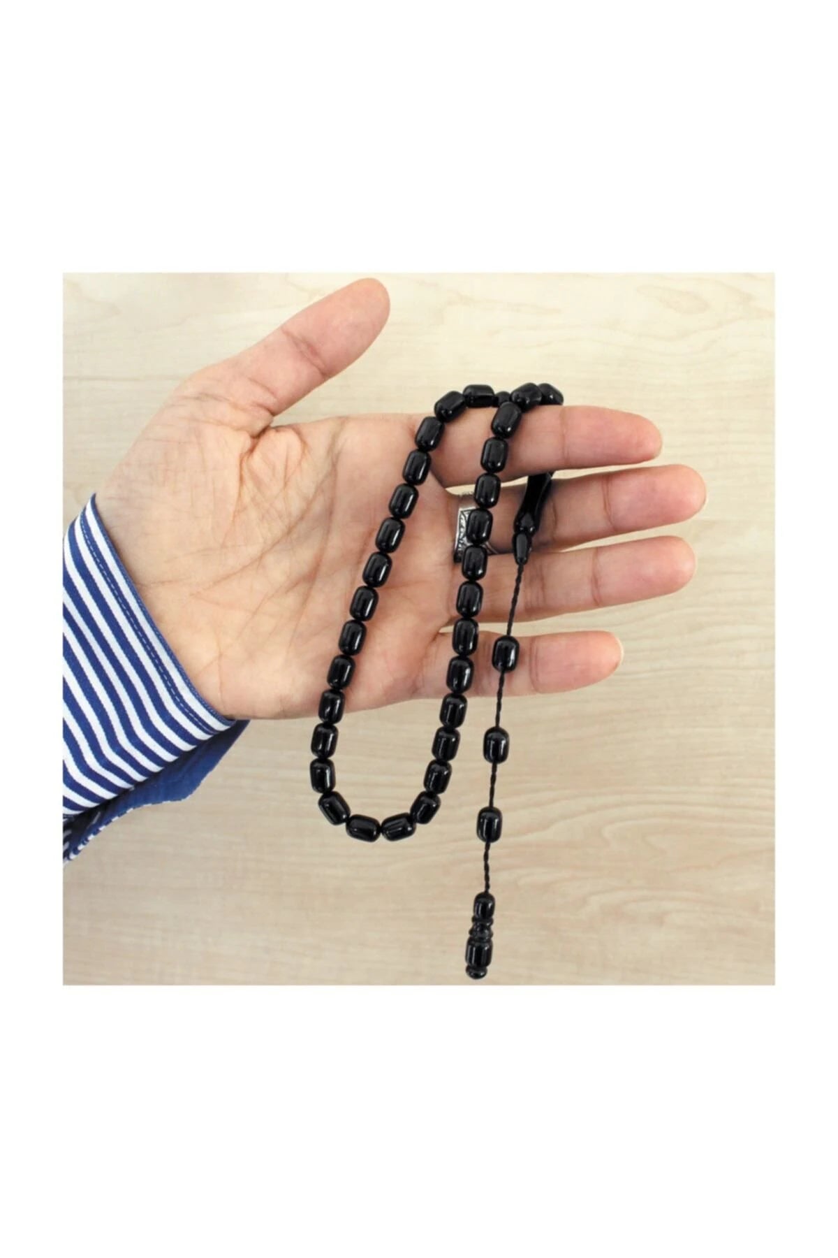 Capsule-Cut Erzurum Oltu Stone Tasbih, Plain, with Adjustable Clasp, 7x11mm