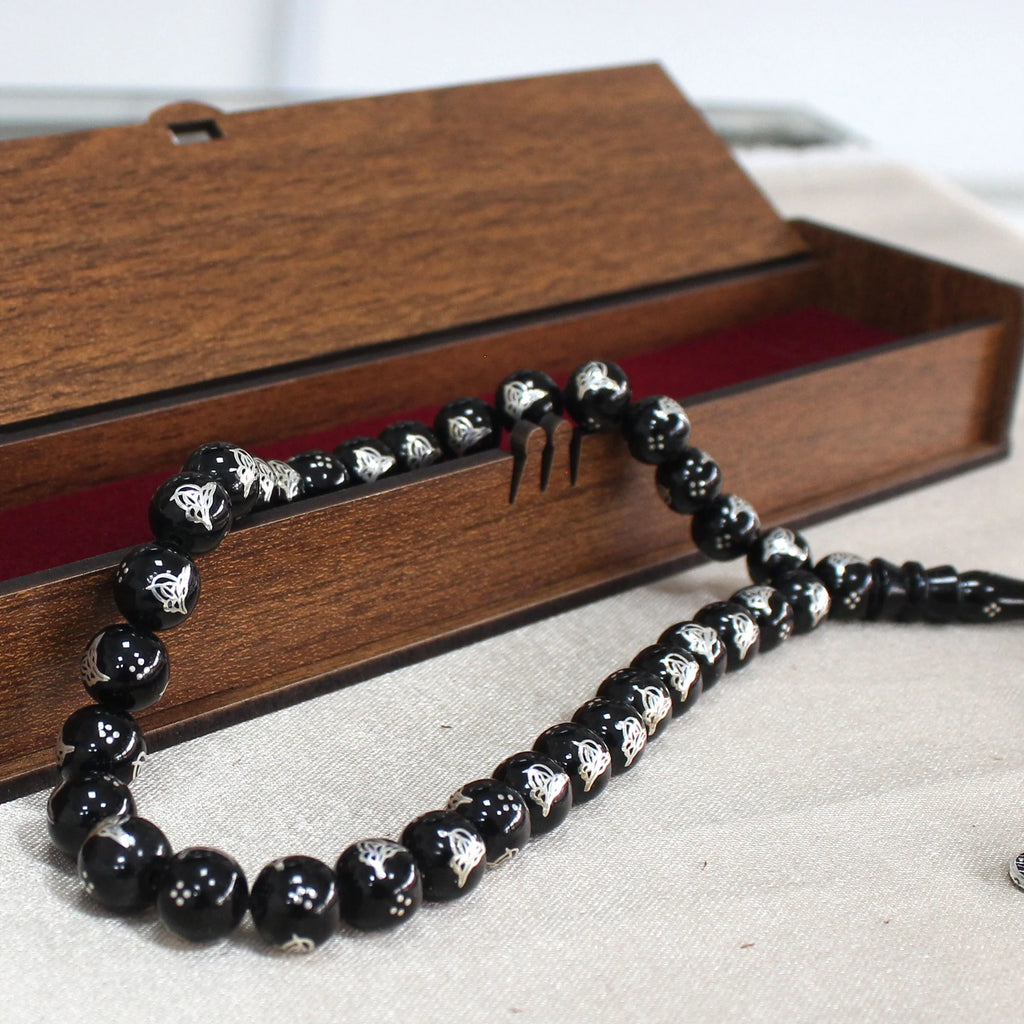 Certified Erzurum Oltu Stone Tasbih with Tughra Silver Inlay, 1000-Grade, 8mm