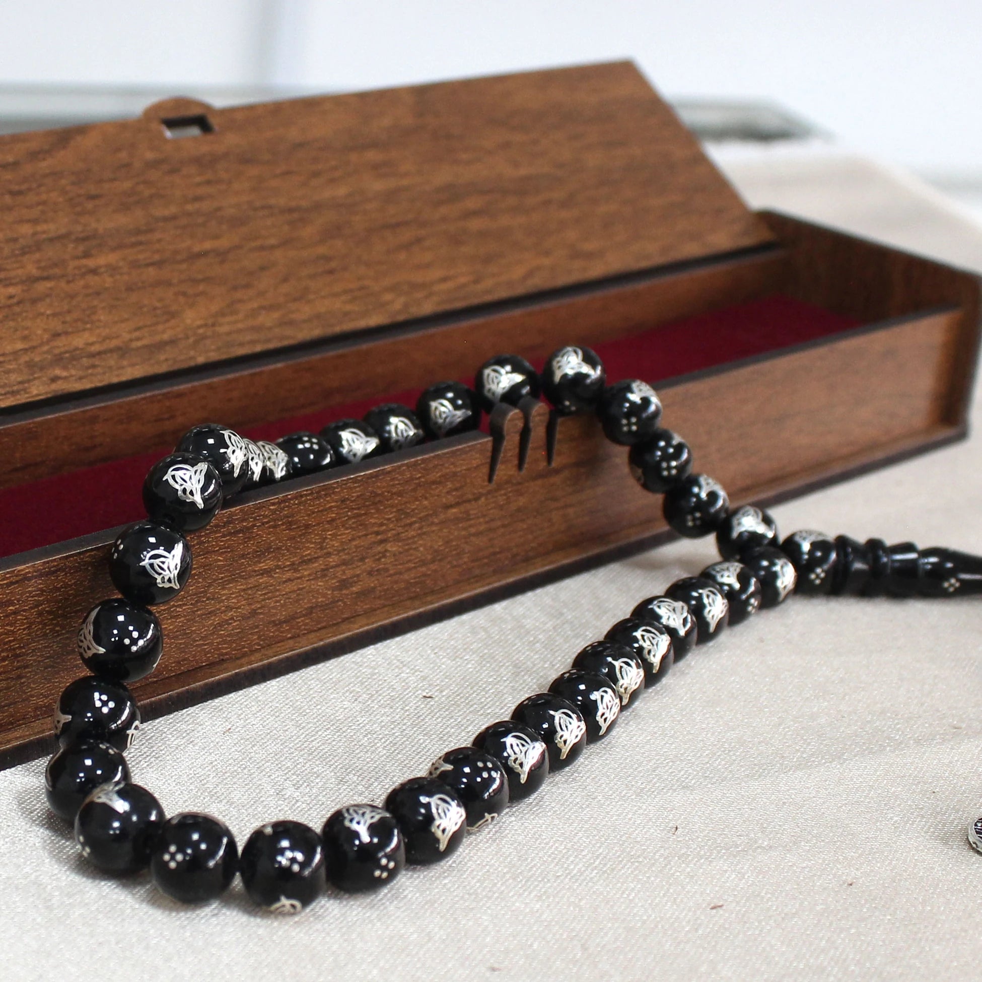Certified Erzurum Oltu Stone Tasbih with Tughra Silver Inlay, 1000-Grade, 8mm