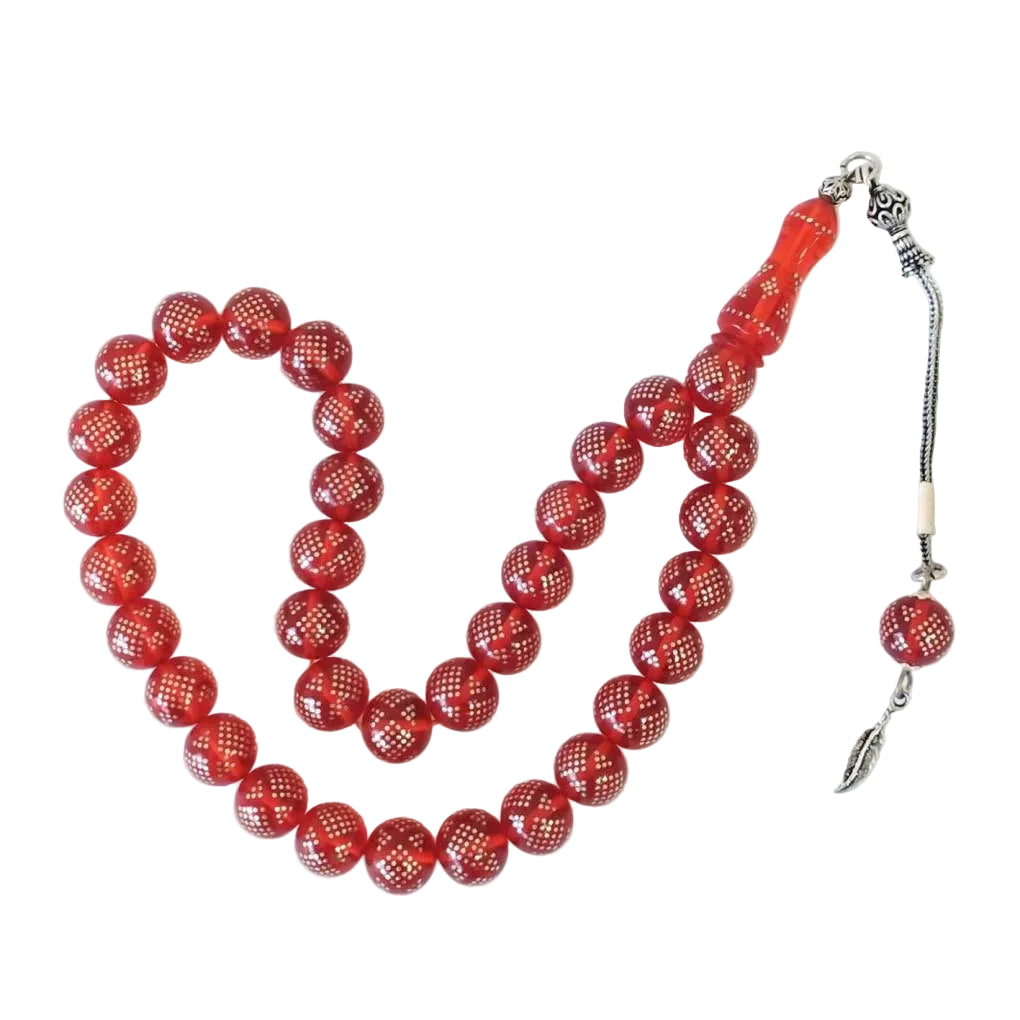 Pressed Amber Tasbih with Pyramid Diamond Silver Inlay, Red, 10mm