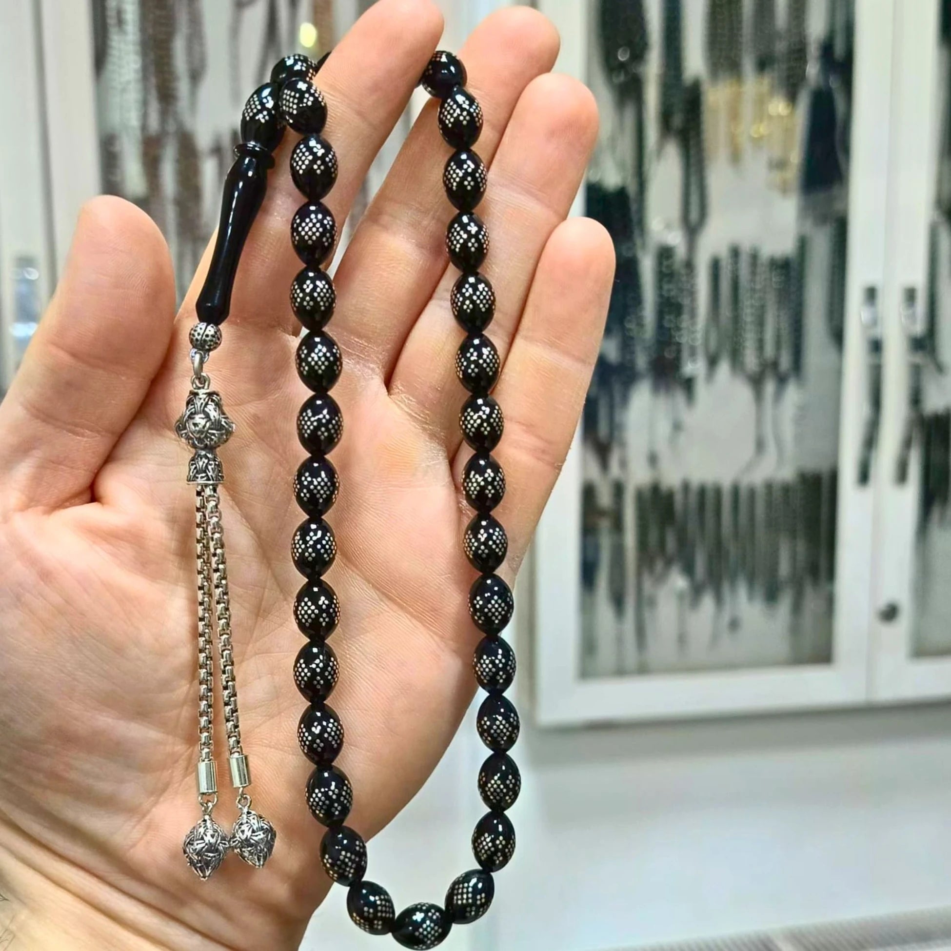 Erzurum Oltu Stone Tasbih with Sterling Silver Inlay & Silver Tassel, 8x11mm