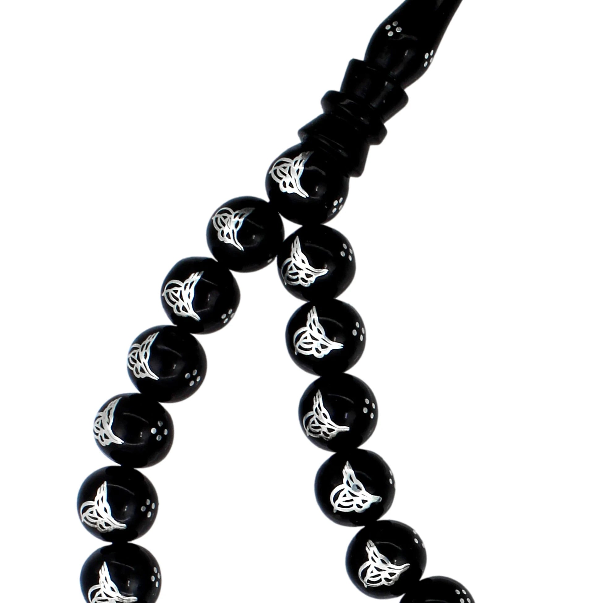 Certified Erzurum Oltu Stone Tasbih with Ottoman Tughra Silver Inlay, 1000-Grade, 9mm