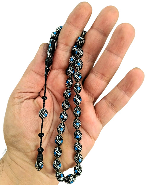 Barley-Cut Certified Erzurum Oltu Stone Tasbih with Turquoise & Silver Inlay, 8x12mm