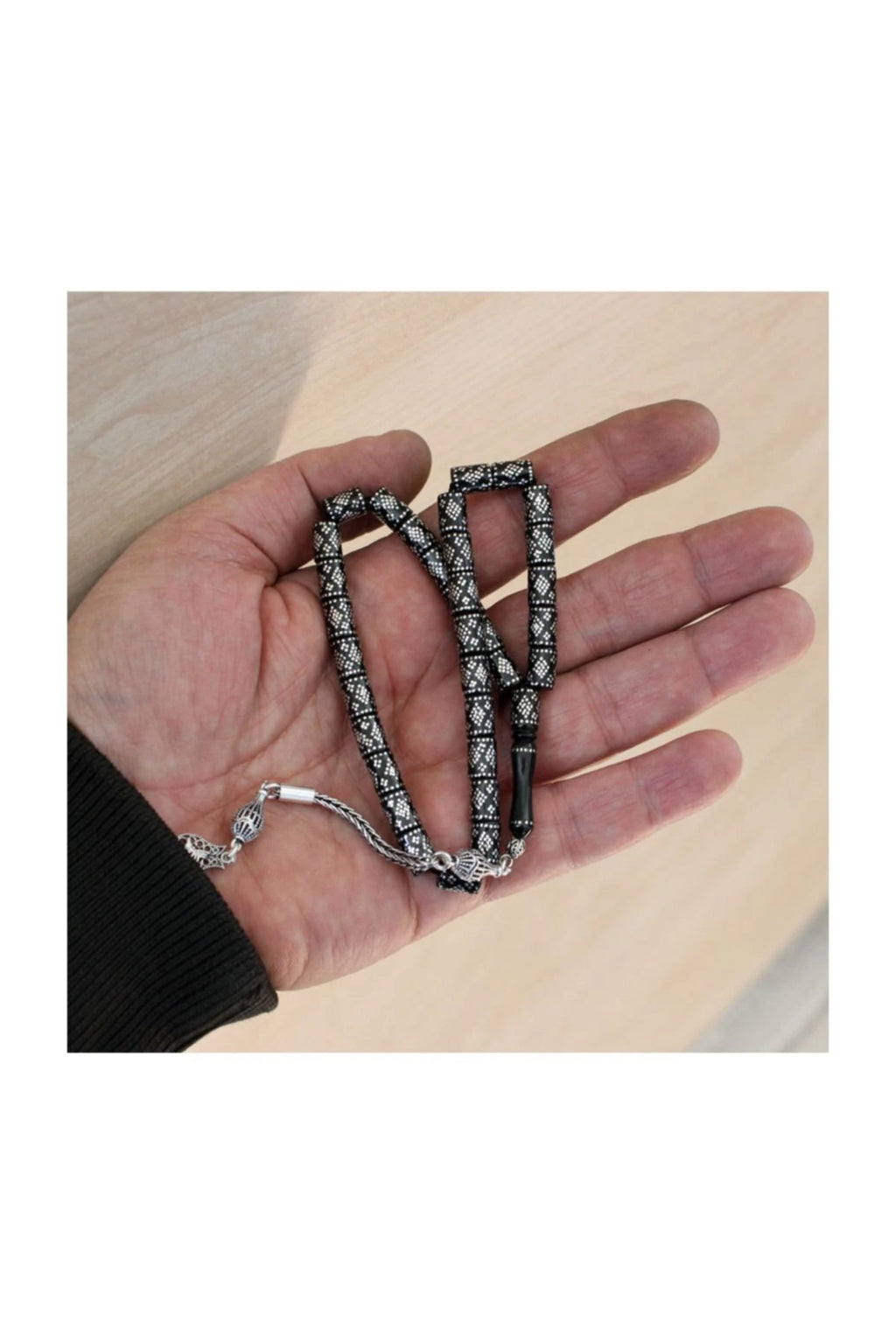 Cylindrical-Cut Erzurum Oltu Stone Tasbih with 925 Sterling Silver Inlay, 6.5x9mm
