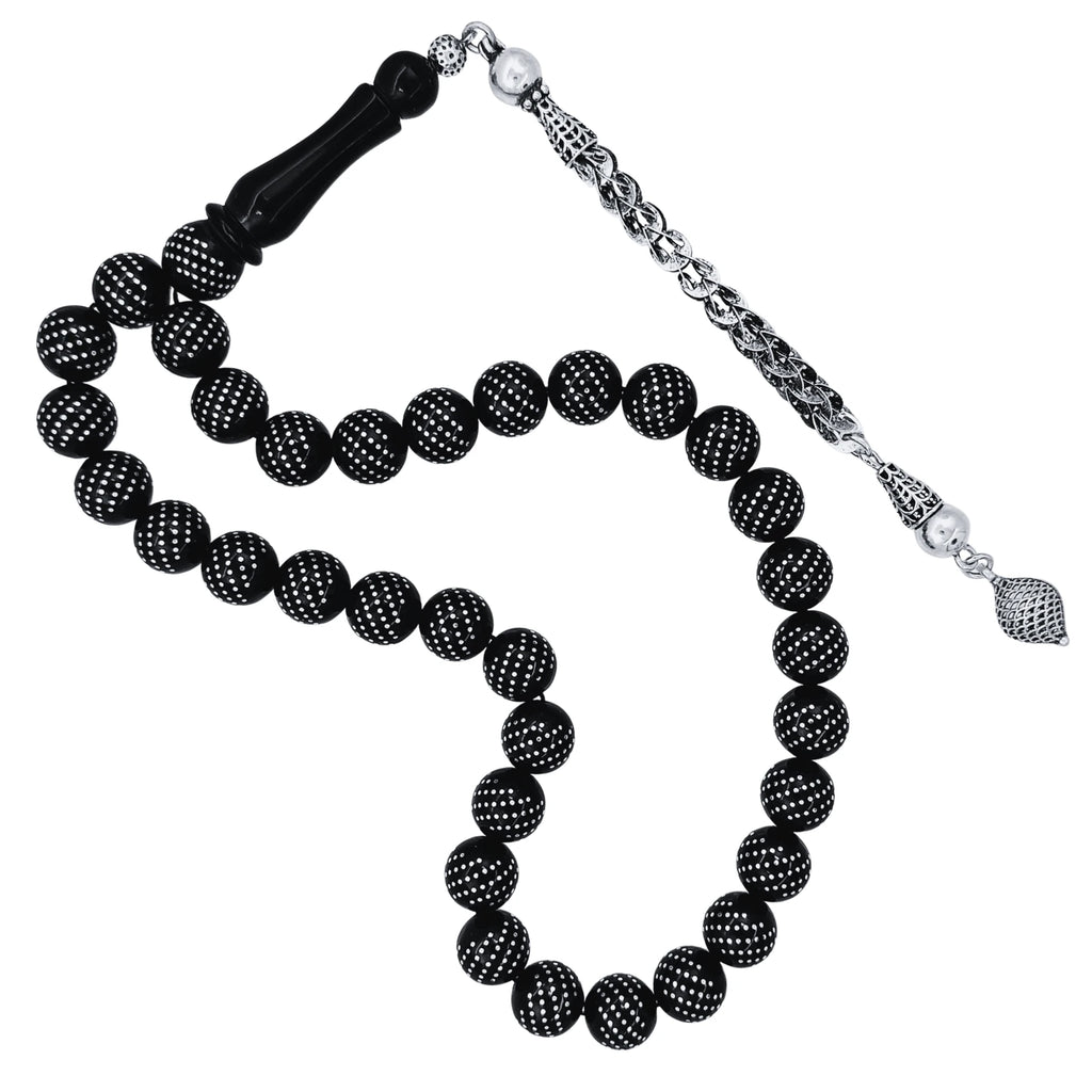 Certified Erzurum Oltu Stone Tasbih with Dense Twist-Pattern Silver Inlay, 10mm