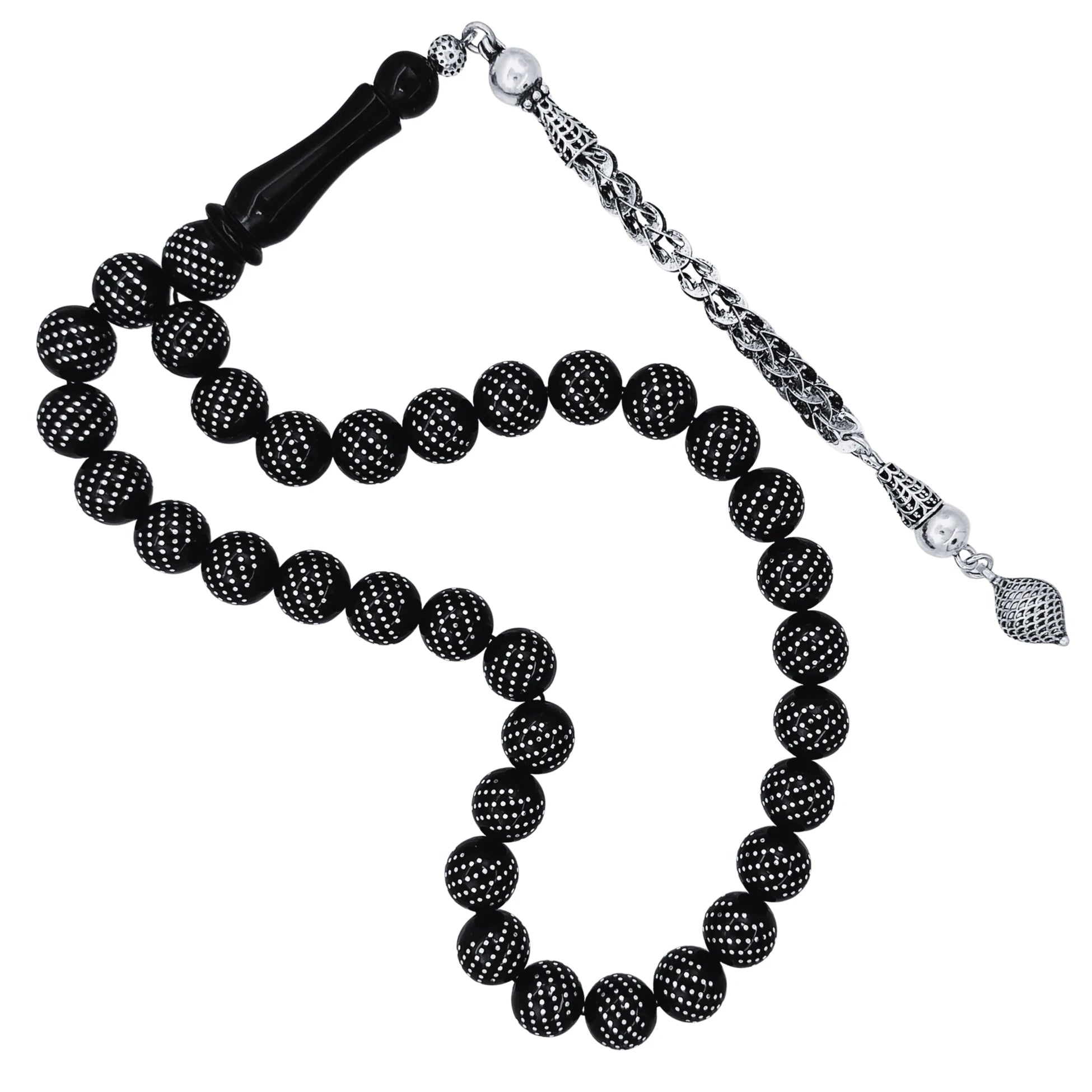 Certified Erzurum Oltu Stone Tasbih with Dense Twist-Pattern Silver Inlay, 10mm