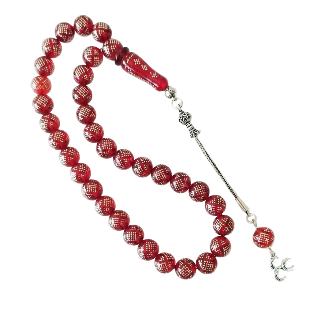 Pressed Amber Tasbih with Pyramid Silver Inlay, Red, 10mm