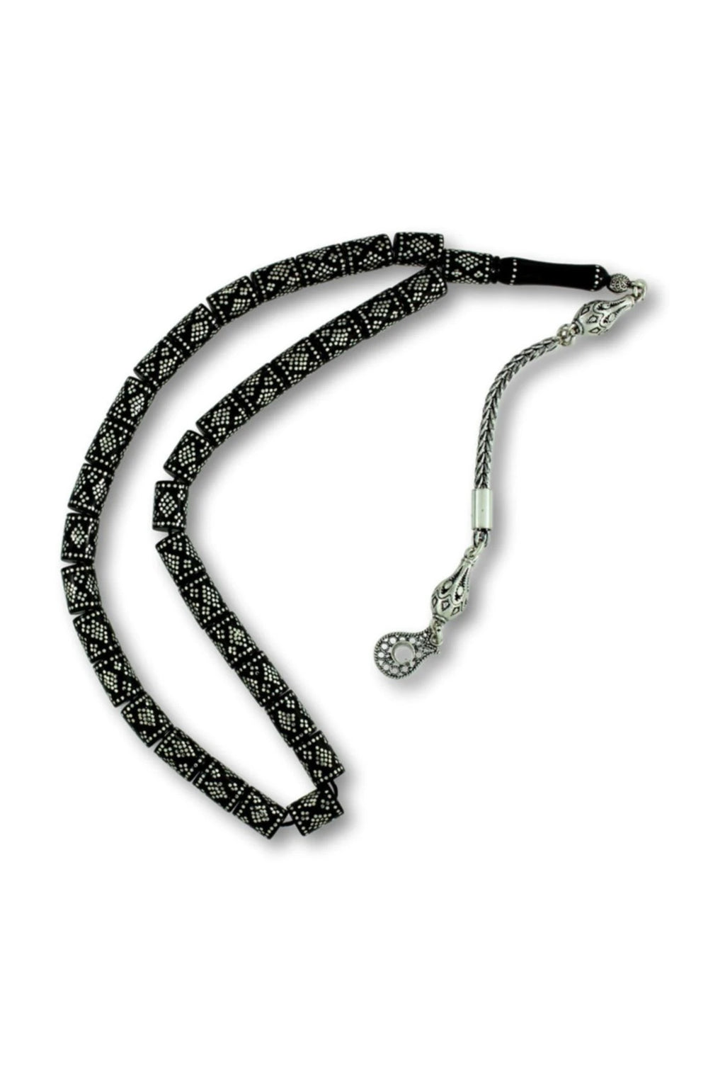 Cylindrical-Cut Erzurum Oltu Stone Tasbih with 925 Sterling Silver Inlay, 6.5x9mm