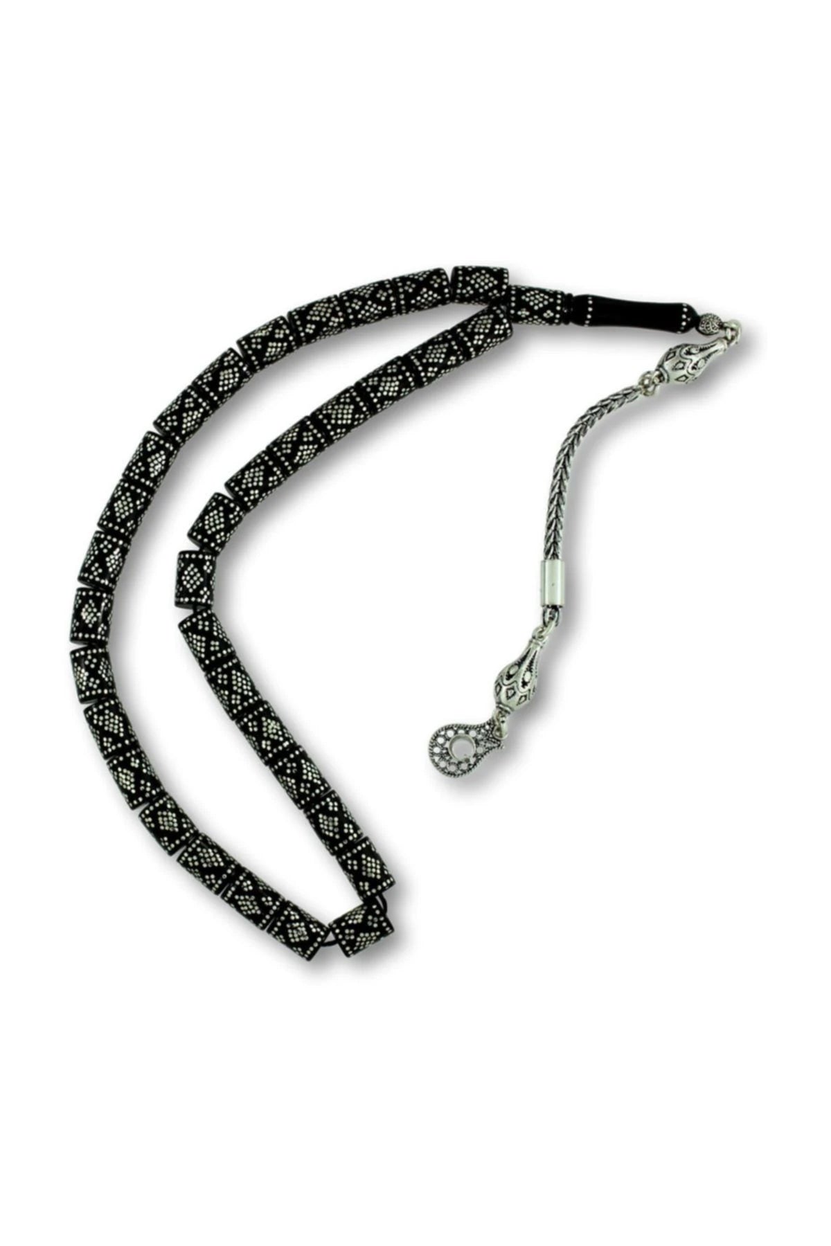 Cylindrical-Cut Erzurum Oltu Stone Tasbih with 925 Sterling Silver Inlay, 6.5x9mm