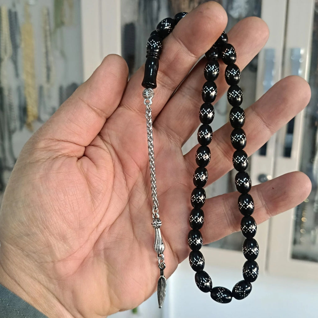 Oval-Cut Press Oltu Stone Tasbih with Silver Inlay, 8x10mm