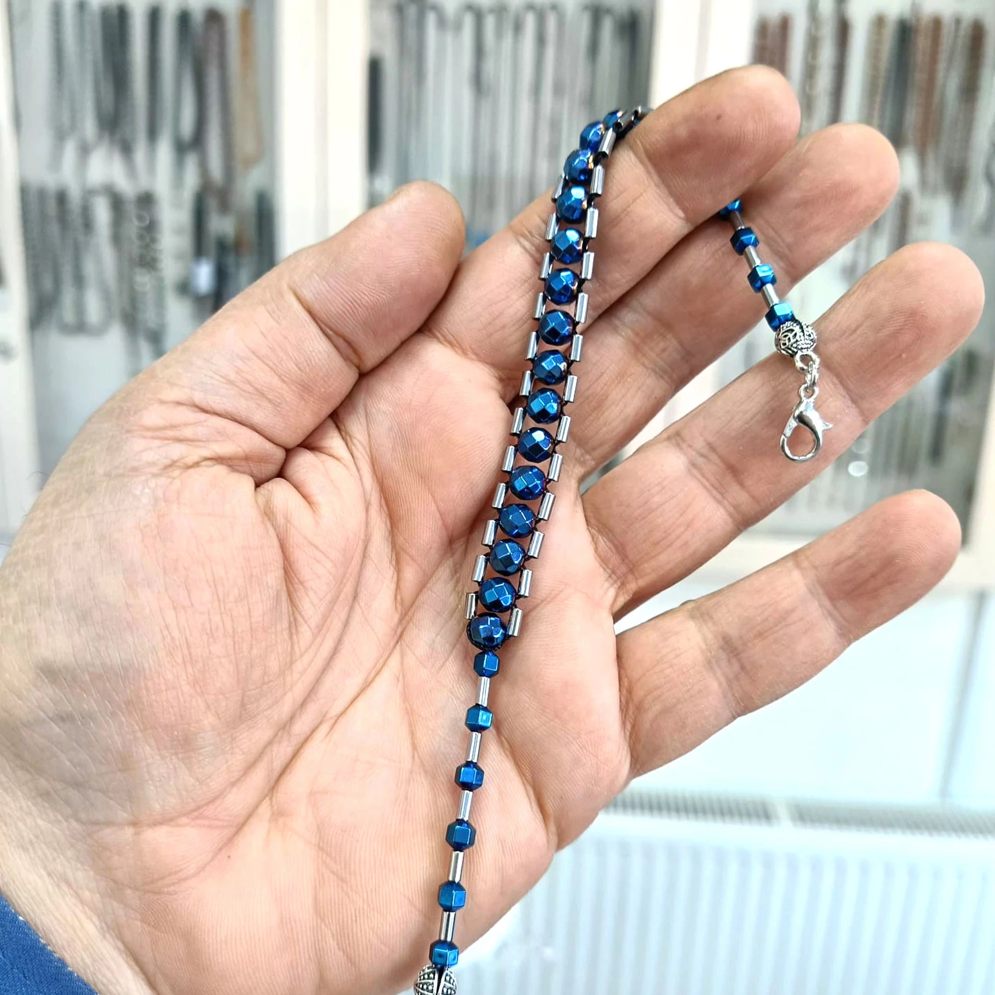 Faceted Blue & Silver Hematite Tasbih Bracelet, 22cm