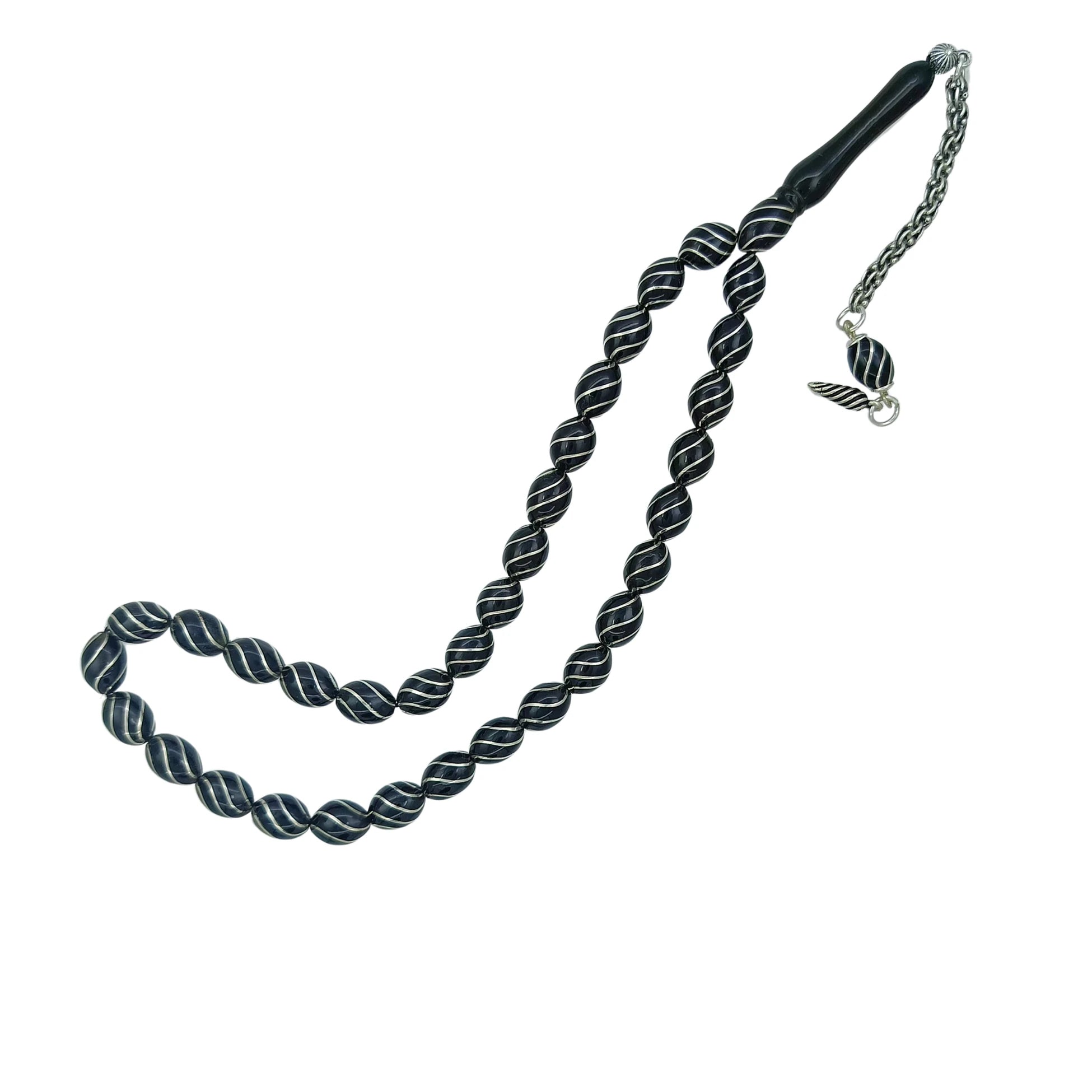 Oval-Cut Collector's Erzurum Oltu Stone Tasbih with Silver Cesmi Bulbul Inlay, 7x9.5mm